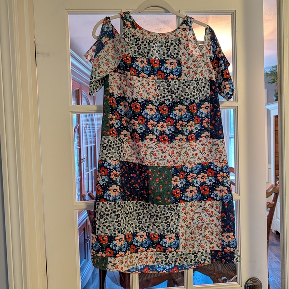 C Dresses & Skirts - C Floral Patchwork Cold-Shoulder Midi Dress